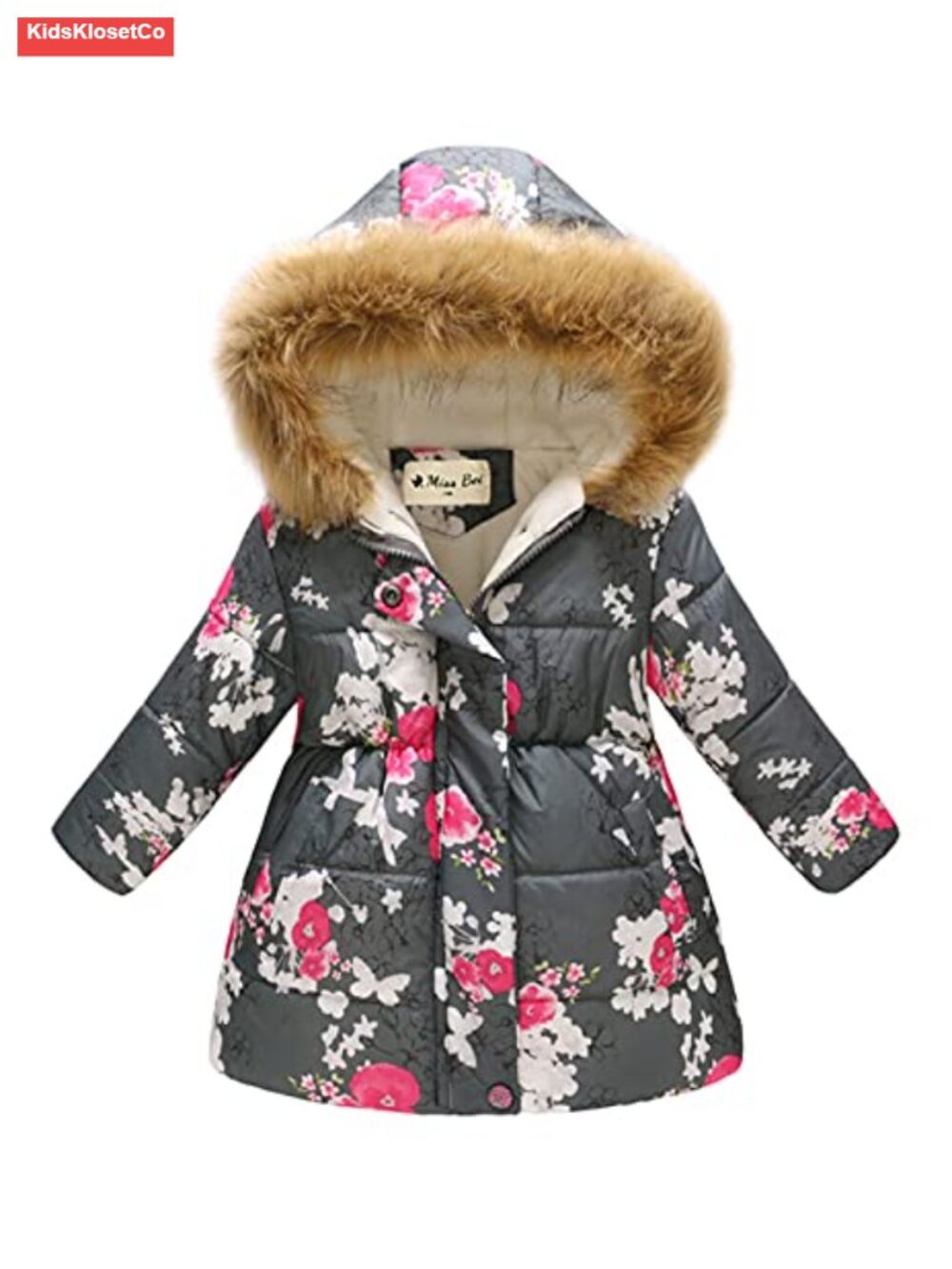 Girls Winter Puffer Jacket Hooded Cotton Faux Fur Trim Kids